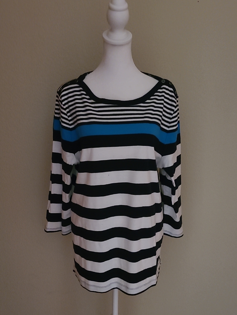 Croft & Barrow Striped Long Sleeve Boatneck Top in Navy, White & Teal Size XL
